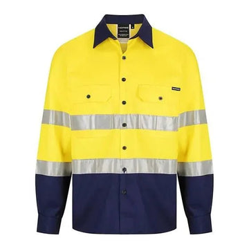 Norss HiVis Two Tone - Reflective Cotton Drill Shirt Yellow Navy Long Sleeve 2.1 kg Yellow/Navy