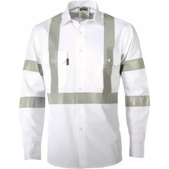DNC 3537 190gsm RTA Night Work Hoop Reflective Cotton Drill Shirt Long Sleeve White 2.1 kg White