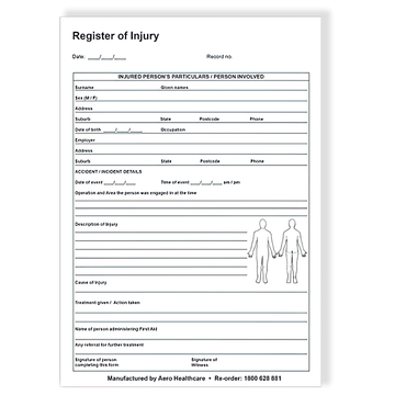 AEROSUPPLIES A5 Register of Injuries Duplicate Pad (25 pages)
