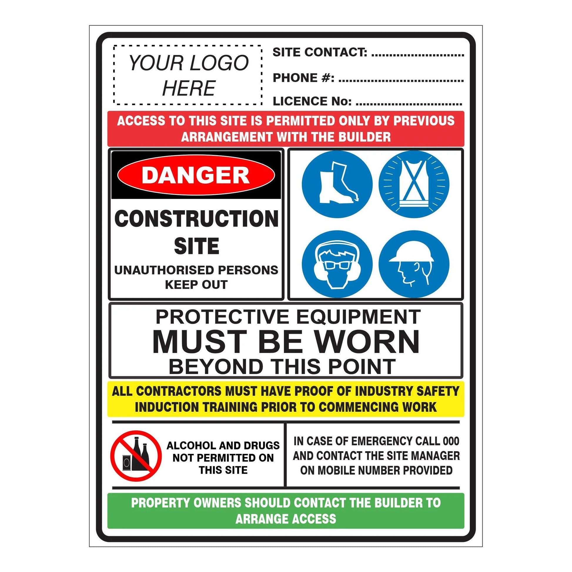 Construction Site Entry Sign 3.5 kg info-sheet-type Custom Type 2 CON-S-C2