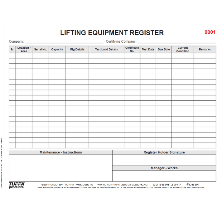 Lifting Equipment Register Logbook