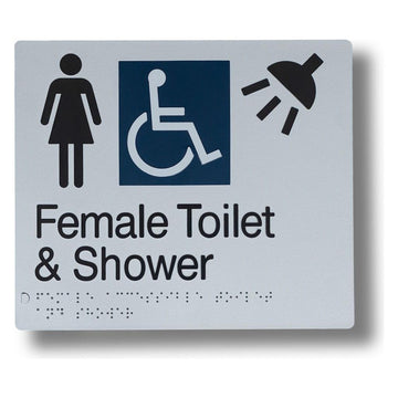 Female Toilet & Shower (Accessible) Sign 3.5 kg size-and-type Female Toilet & Shower (Accessible) LH - 210x180mm BS-FTA-S-LH