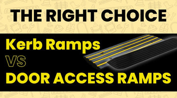 kerb ramps vs door access ramps comparison showing heavy duty rubber kerb ramp with reflective strips for vehicle and wheelchair access