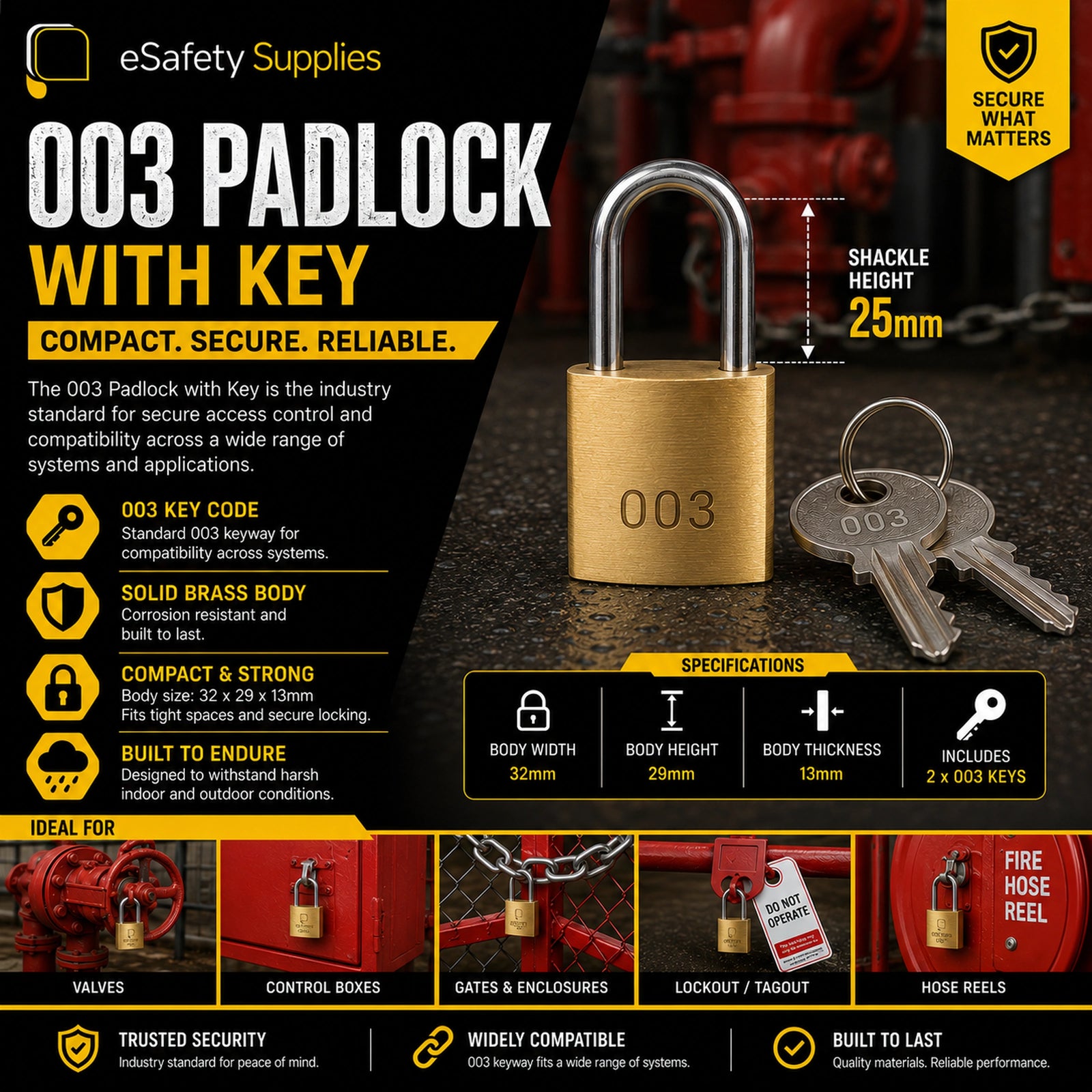 003 Padlock & Key - 25mm Shackle - Lockout Kits