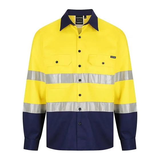 Norss HiVis Two Tone - Reflective Cotton Drill Shirt Yellow Navy Long Sleeve 2.1 kg Yellow/Navy