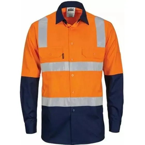 DNC 3747 155gsm Hoop & Shoulder Reflective Cotton Drill Shirt Long Sleeve Orange Navy 2.1 kg Orange/Navy