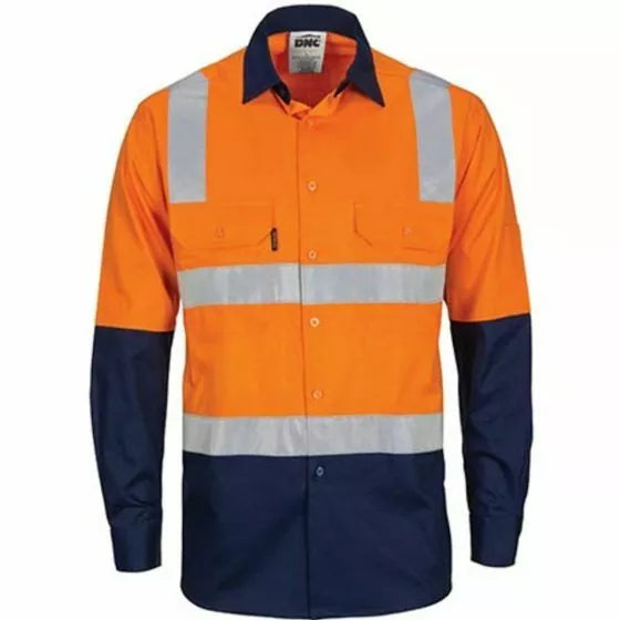DNC 3747 155gsm Hoop & Shoulder Reflective Cotton Drill Shirt Long Sleeve Orange Navy 2.1 kg Orange/Navy