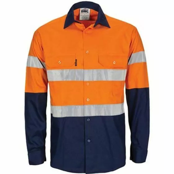 DNC 3784 Hoop Reflective T2 Vertical Vented Cotton Drill Shirt Long Gusset Sleeve Orange Navy 2.1 kg