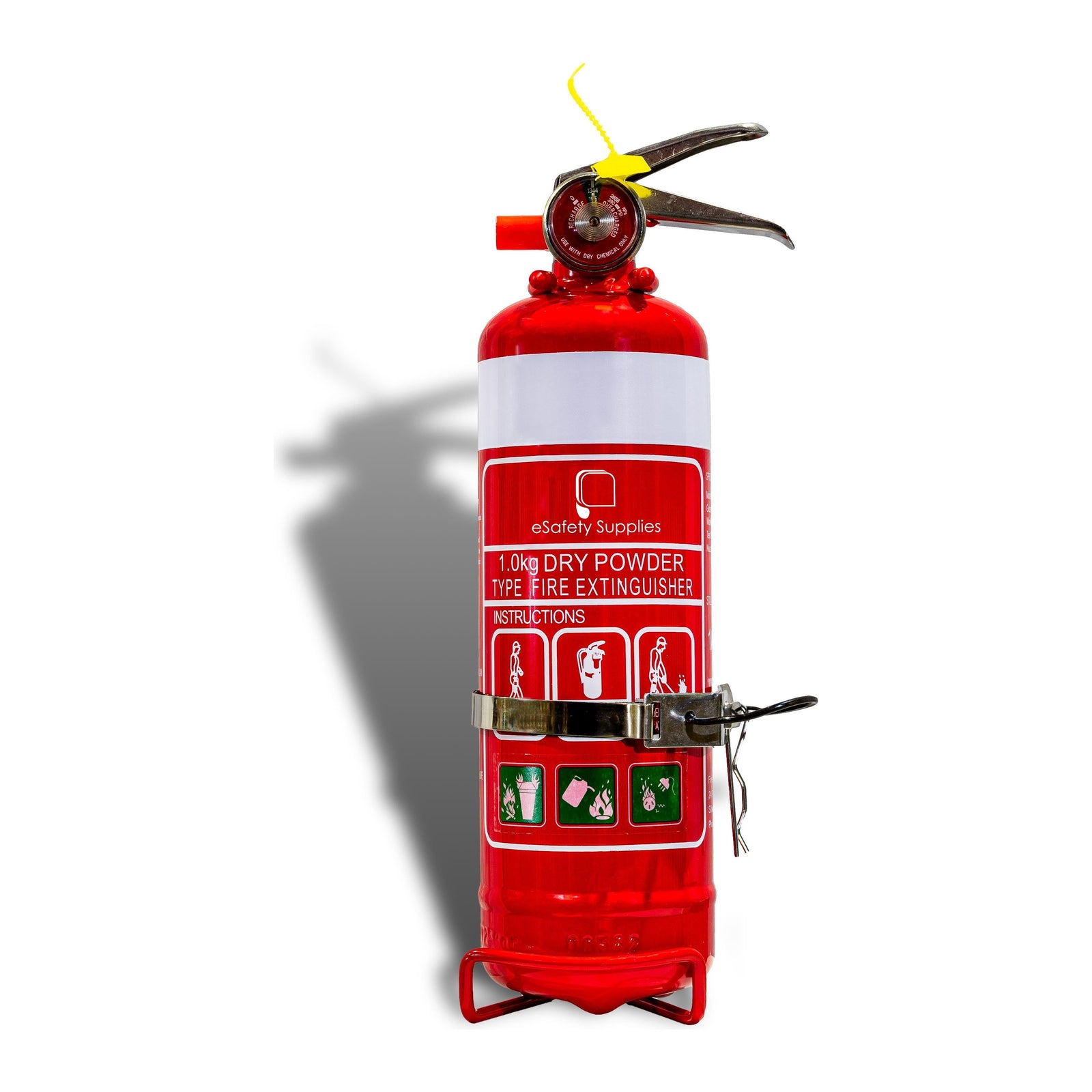 A red dry chemical powder extinguisher with nozzle, labeled 1KG capacity, for fire safety.