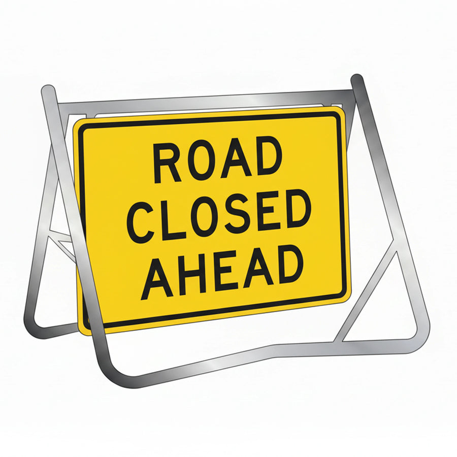 Swing Stand and Road Closed Ahead Sign, 900x600mm Class 1 Reflective Traffic Control Sign on Yellow Galvanised Steel Frame.
