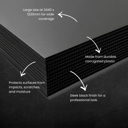Scoring and cutting a 2.5mm black corflute sheet to size for custom surface protection during a construction renovation.