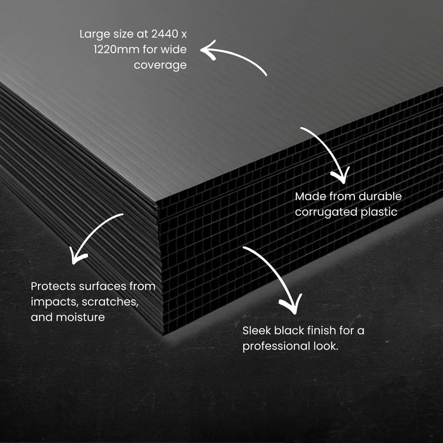 Scoring and cutting a 2.5mm black corflute sheet to size for custom surface protection during a construction renovation.