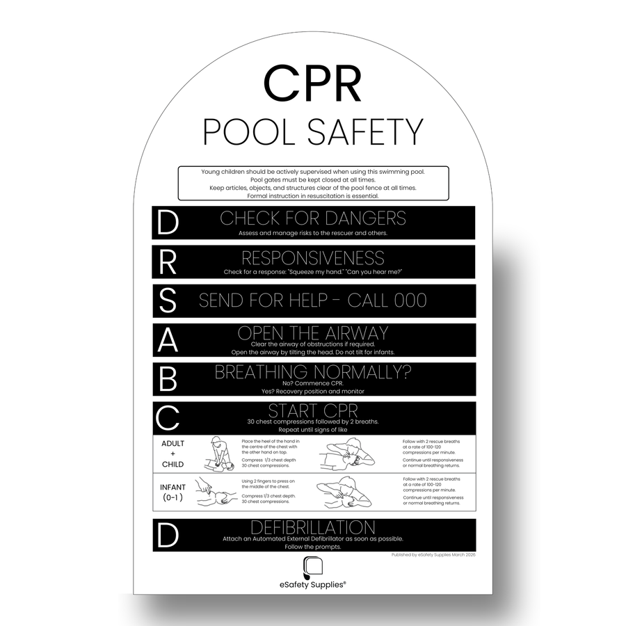 Black CPR pool safety sign 450x600mm – 3mm aluminium composite panel DRSA nationally compliant