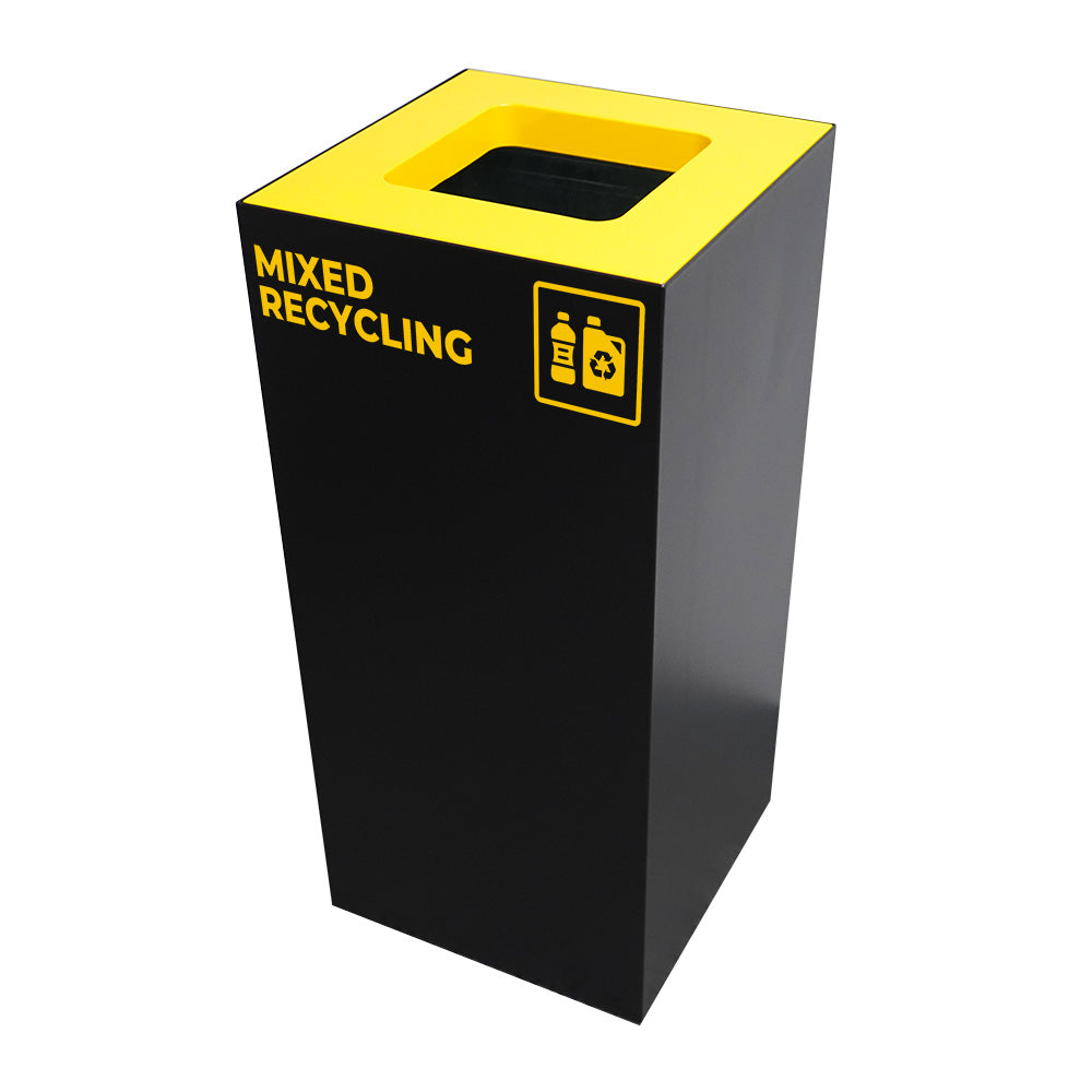 Close-up of matte black powder-coated recycling bin with weighted base, rubber feet, and yellow 200mm square lid insert for touch-free disposal.