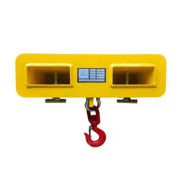 [3 Tonne Forklift Tine Hook], heavy-duty yellow forklift attachment with swivel lifting hook and safety latch.