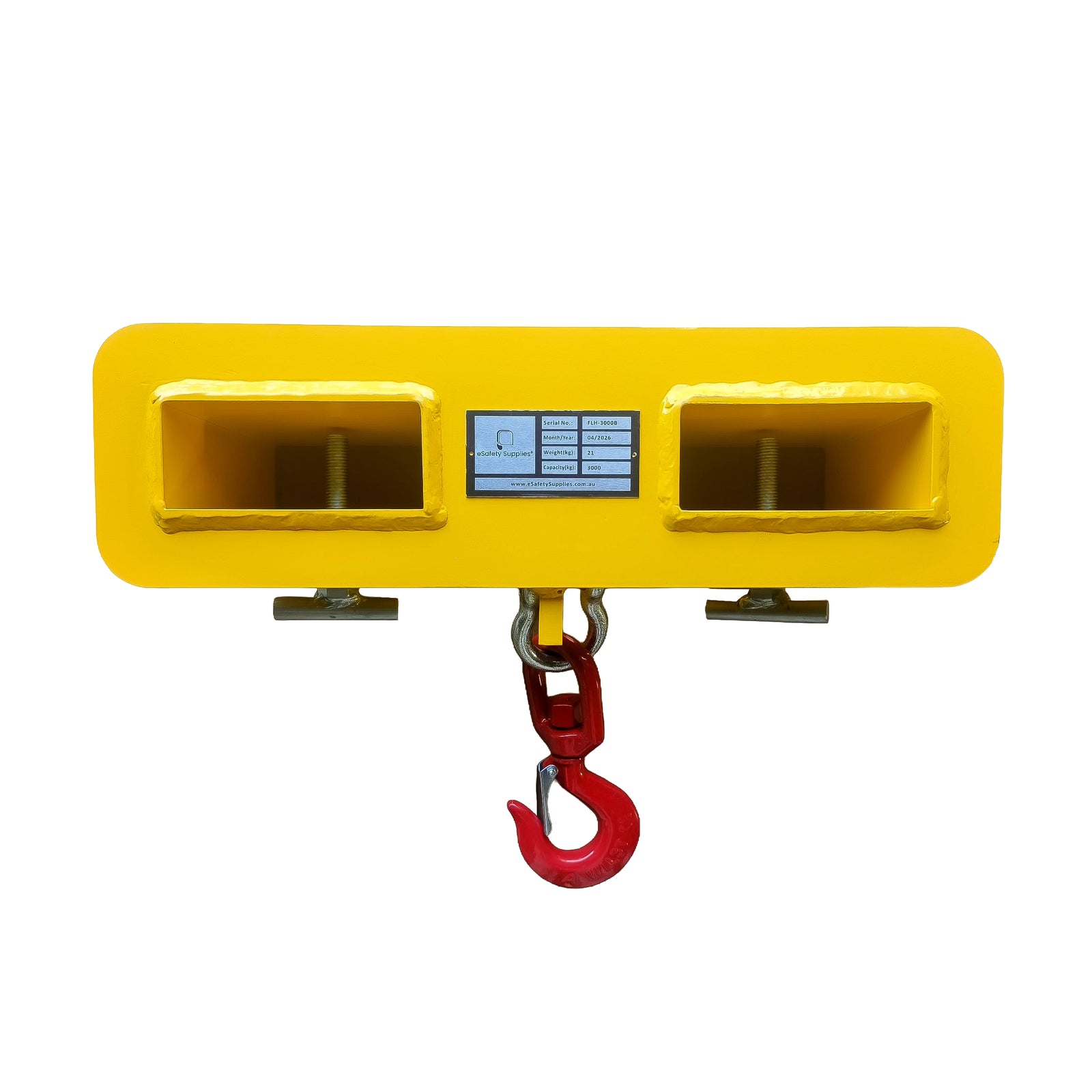 [3 Tonne Forklift Tine Hook], heavy-duty yellow forklift attachment with swivel lifting hook and safety latch.