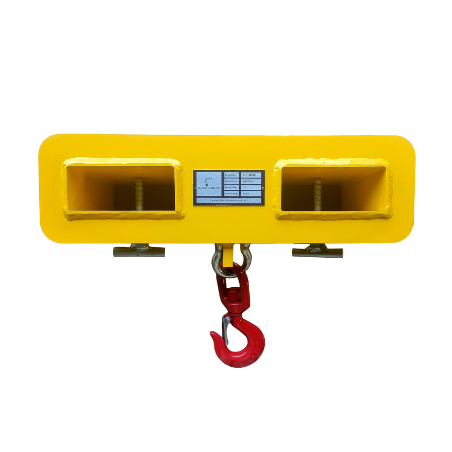 [3 Tonne Forklift Tine Hook], heavy-duty yellow forklift attachment with swivel lifting hook and safety latch.