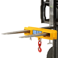 Close-up of the Forklift Hook Locking System, showing the manual thumb screw used to secure the unit to the forklift tines.