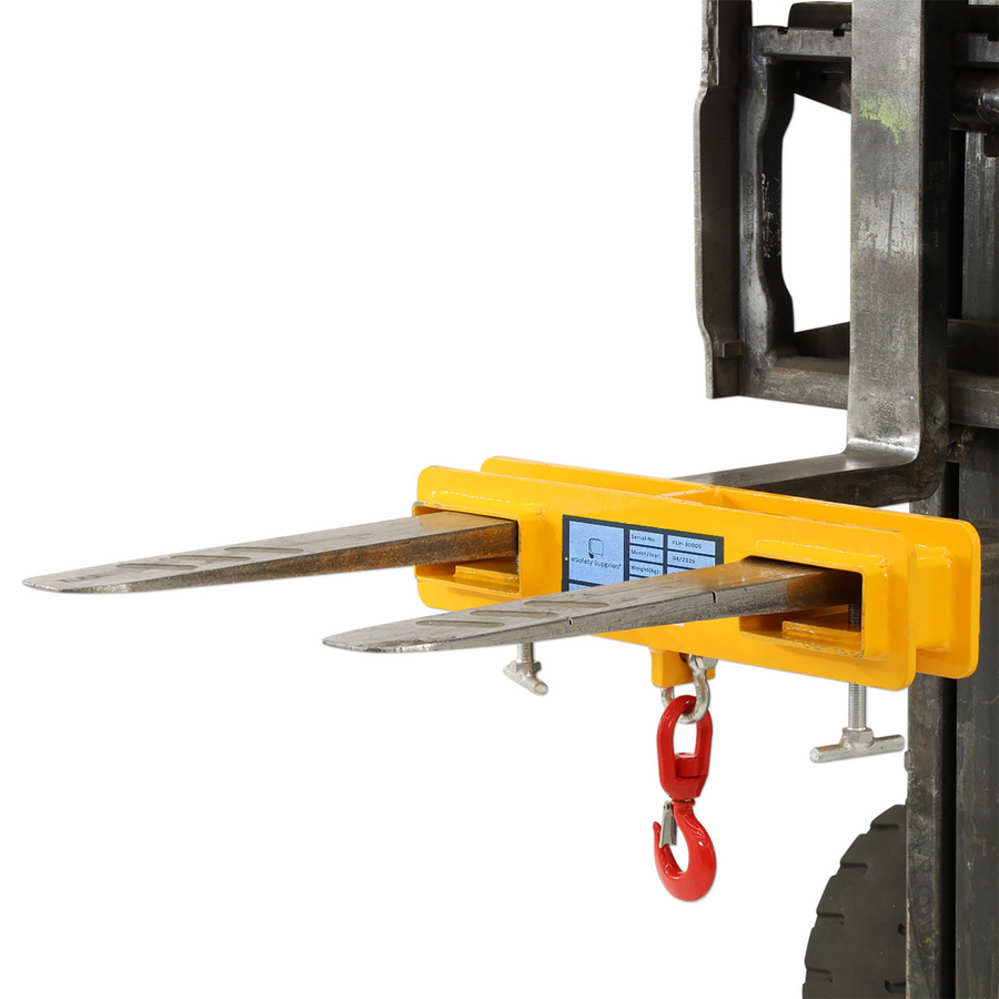 Close-up of the Forklift Hook Locking System, showing the manual thumb screw used to secure the unit to the forklift tines.