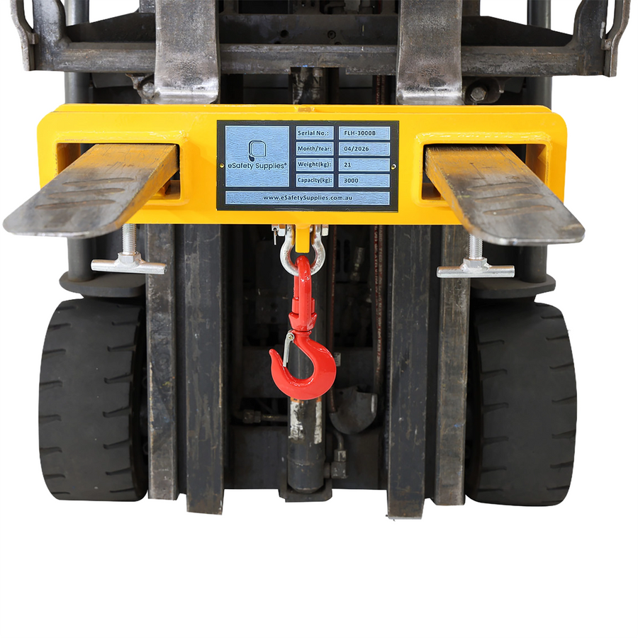 [3 Tonne Forklift Tine Hook], heavy-duty yellow forklift attachment with swivel lifting hook and safety latch.