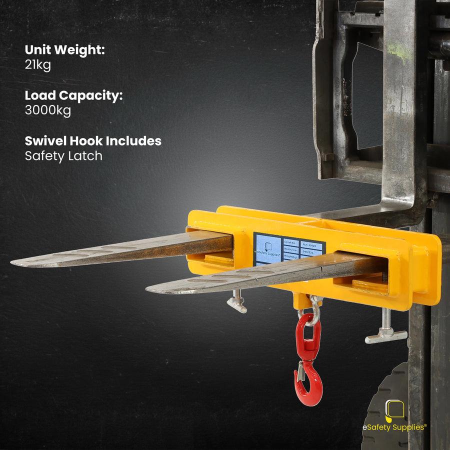 3000kg Forklift Lifting Attachment being used to lift a suspended load in an industrial workshop environment.