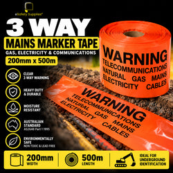 3 Way Mains Marker Tape - (Gas, Electricity & Comms) | 200mm x 500m