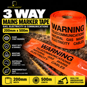 3 Way Mains Marker Tape - (Gas, Electricity & Comms) | 200mm x 500m
