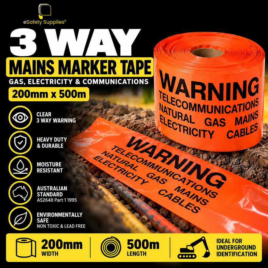 3 Way Mains Marker Tape - (Gas, Electricity & Comms) | 200mm x 500m