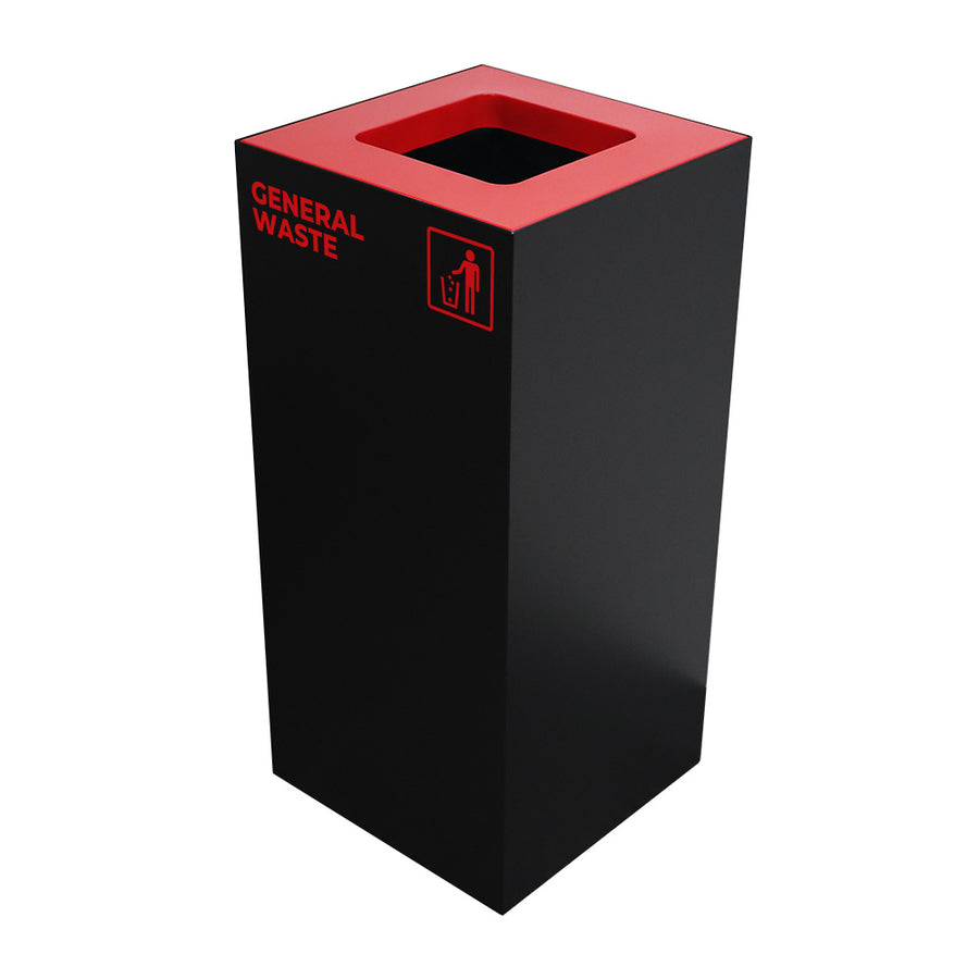 Waste Recycling Station Bin with Red Lid, 52L Matte Black Galvanised Steel General Waste Bin for Offices and Schools