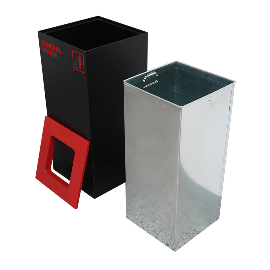 Waste Recycling Station Bin with Red Lid, 52L Matte Black Galvanised Steel General Waste Bin for Offices and Schools