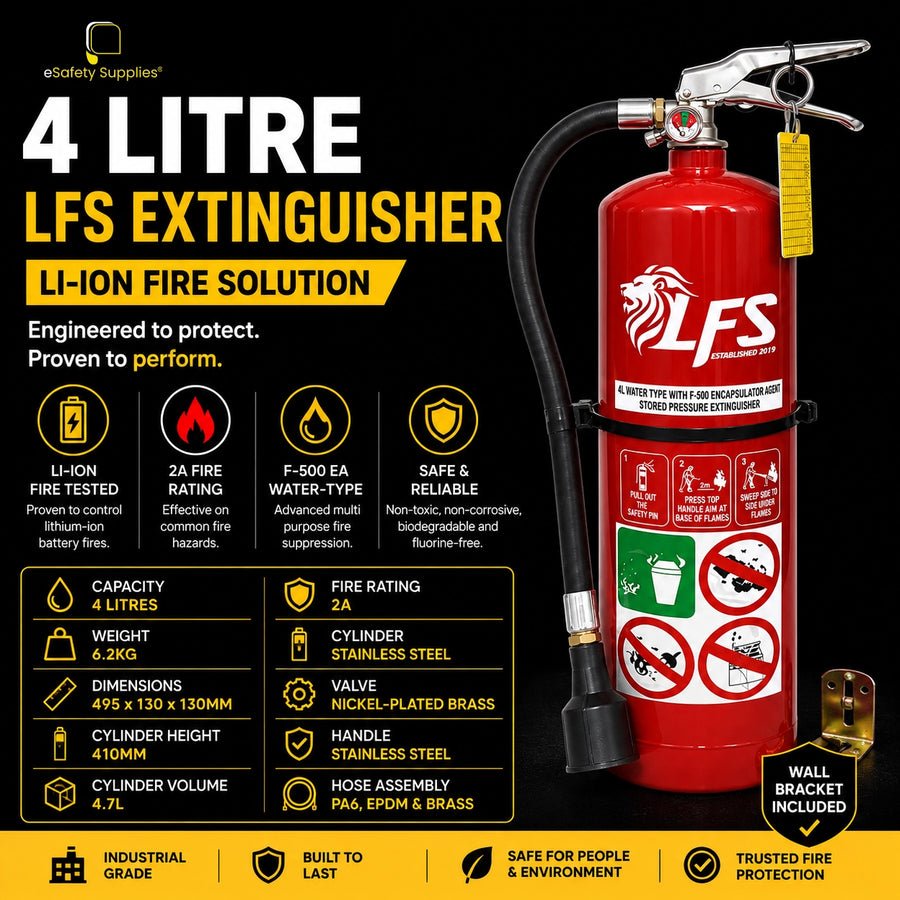 LFS F-500 EA lithium-ion battery fire extinguisher available in 4L and 9L sizes.