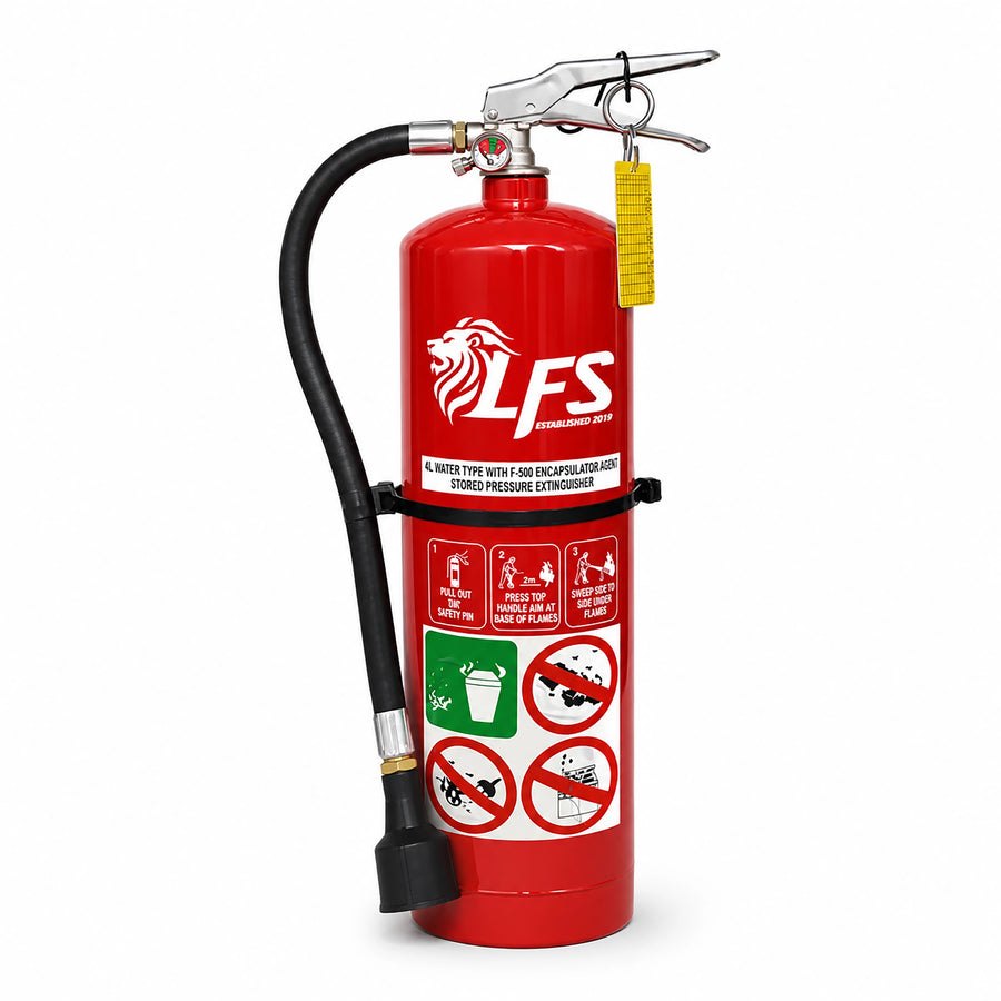 Wall-mounted stainless steel fire extinguisher with fluorine-free F-500 EA agent for EV charging stations and battery storage areas.