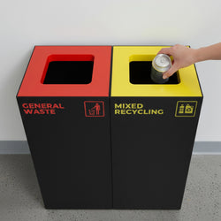 52 Litre Mixed Recycling Bin featuring a removable galvanised steel internal liner and Australian standard yellow colour-coded open top lid.