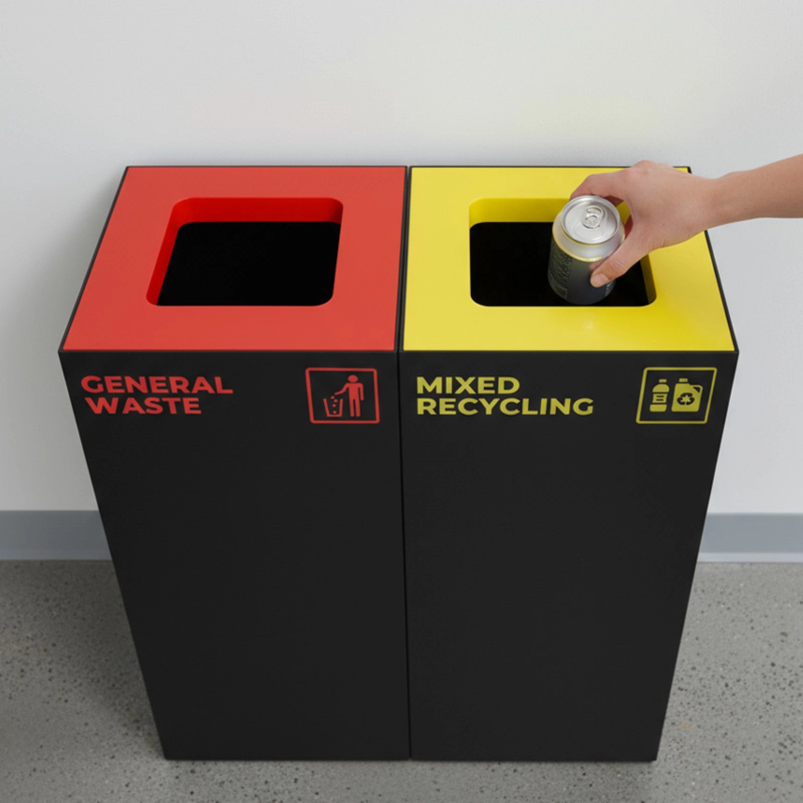 52 Litre Mixed Recycling Bin featuring a removable galvanised steel internal liner and Australian standard yellow colour-coded open top lid.