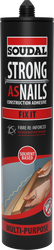 Soudal Strong As Nails construction adhesive can with branding and product details.