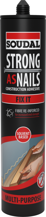 Soudal Strong As Nails construction adhesive can with branding and product details.