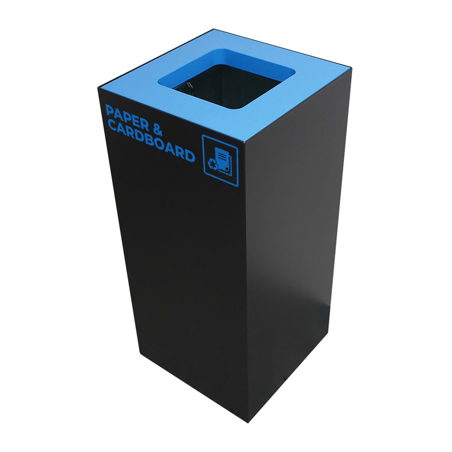 Waste Recycling Station Bin with Blue Lid, 52L Matte Black Galvanised Steel Paper and Cardboard Recycling Bin for Offices and Schools.