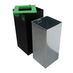 Waste Recycling Station Bin with Green Lid, 52L Matte Black Galvanised Steel Organic and Food Waste Bin for Offices and Cafes.