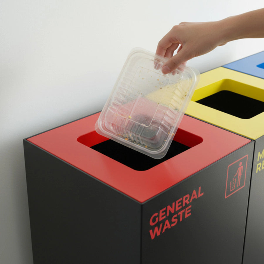 Waste Recycling Station Bin with Red Lid, 52L Matte Black Galvanised Steel General Waste Bin for Offices and Schools