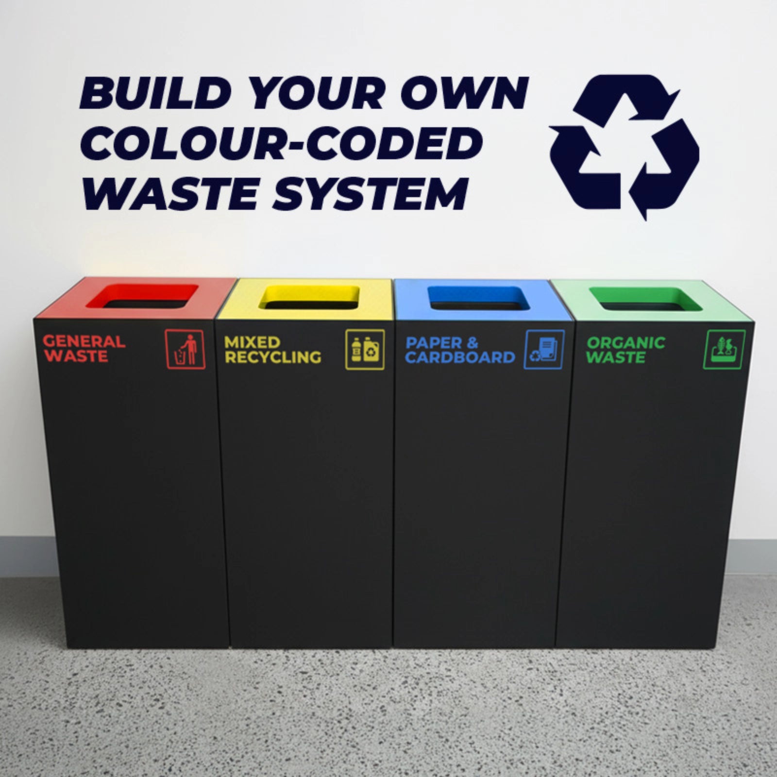 Waste Recycling Station Bin with Red Lid, 52L Matte Black Galvanised Steel General Waste Bin for Offices and Schools