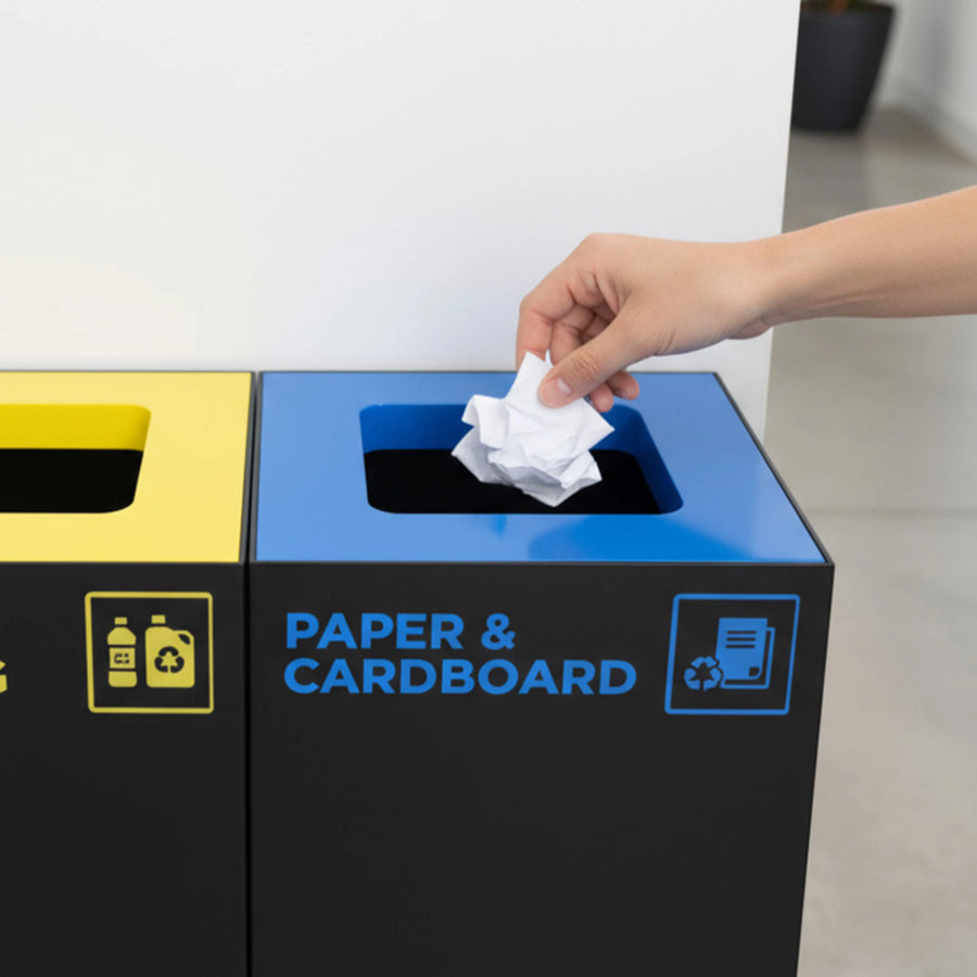 52 Litre Paper Recycling Bin featuring a removable galvanised steel internal liner and Australian standard blue colour-coded lid for cardboard waste.