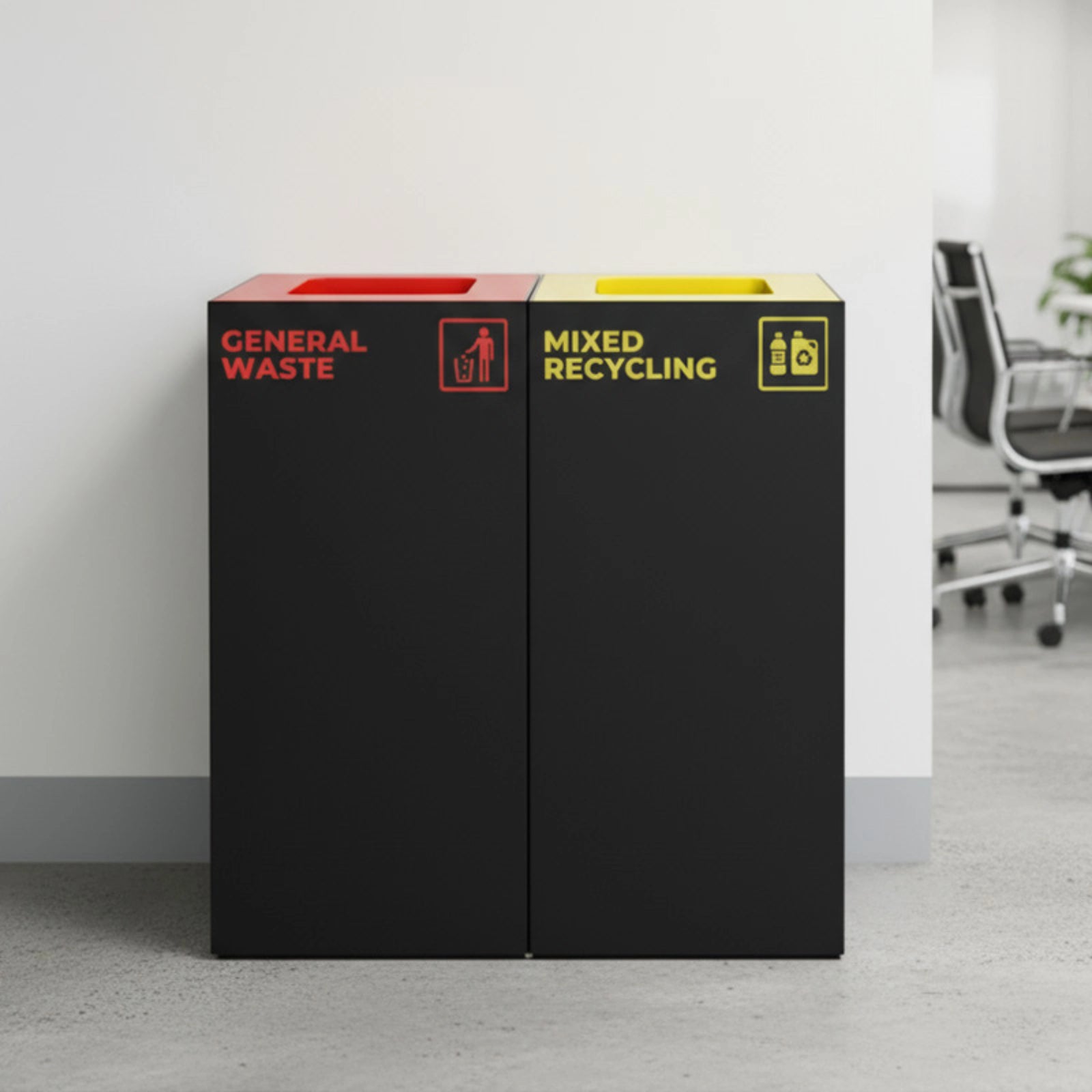 Waste Recycling Station Bin with Red Lid, 52L Matte Black Galvanised Steel General Waste Bin for Offices and Schools