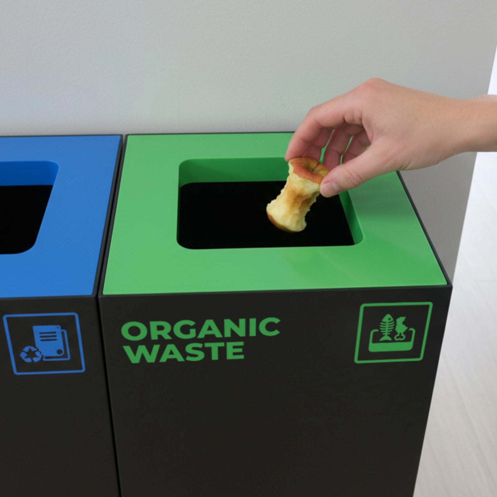 Waste Recycling Station Bin with Green Lid, 52L Matte Black Galvanised Steel Organic and Food Waste Bin for Offices and Cafes.