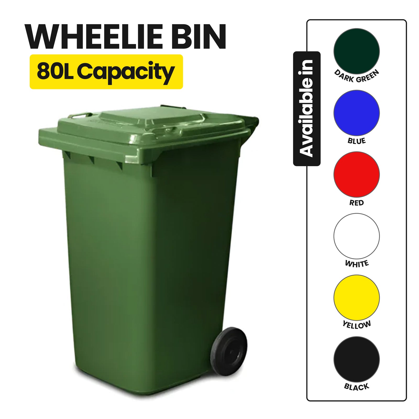 80L Wheelie Bin, Heavy-Duty Green Outdoor Rubbish Bin with Smooth-Rolling Wheels and Secure Fitted Lid.