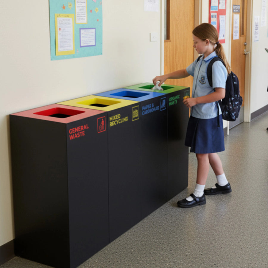 Waste Recycling Station Bin with Red Lid, 52L Matte Black Galvanised Steel General Waste Bin for Offices and Schools