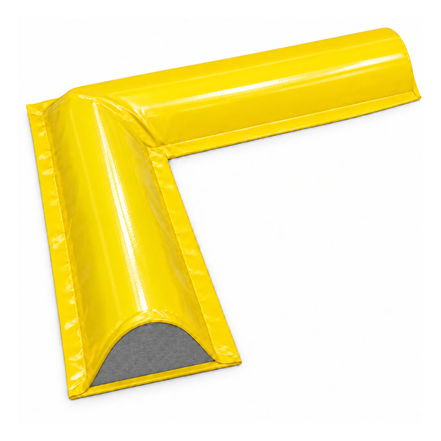 High-visibility yellow PVC-coated 90-degree corner module for compressible foam drive-over spill bunding systems.