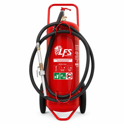 Heavy-duty 90L mobile wheeled stainless steel fire extinguisher with F-500 EA agent for Class A, B, and lithium-ion battery fire protection.