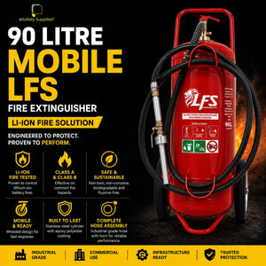 90-litre mobile wheeled LFS fire extinguisher on heavy-duty trolley.
