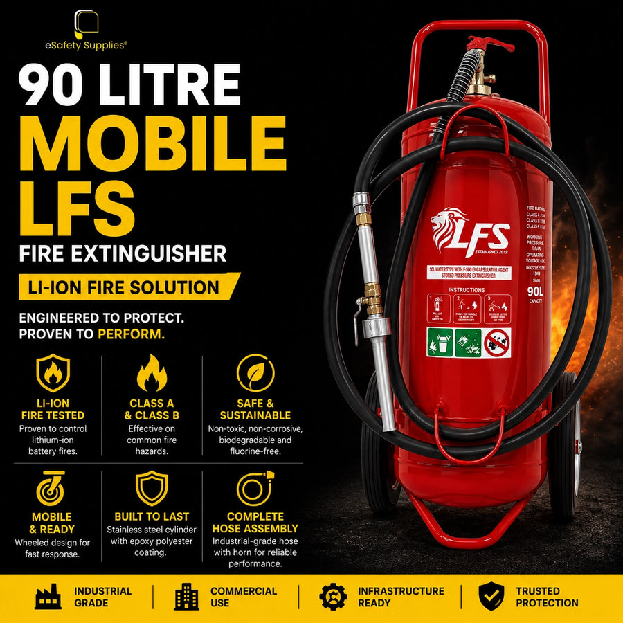 90-litre mobile wheeled LFS fire extinguisher on heavy-duty trolley.