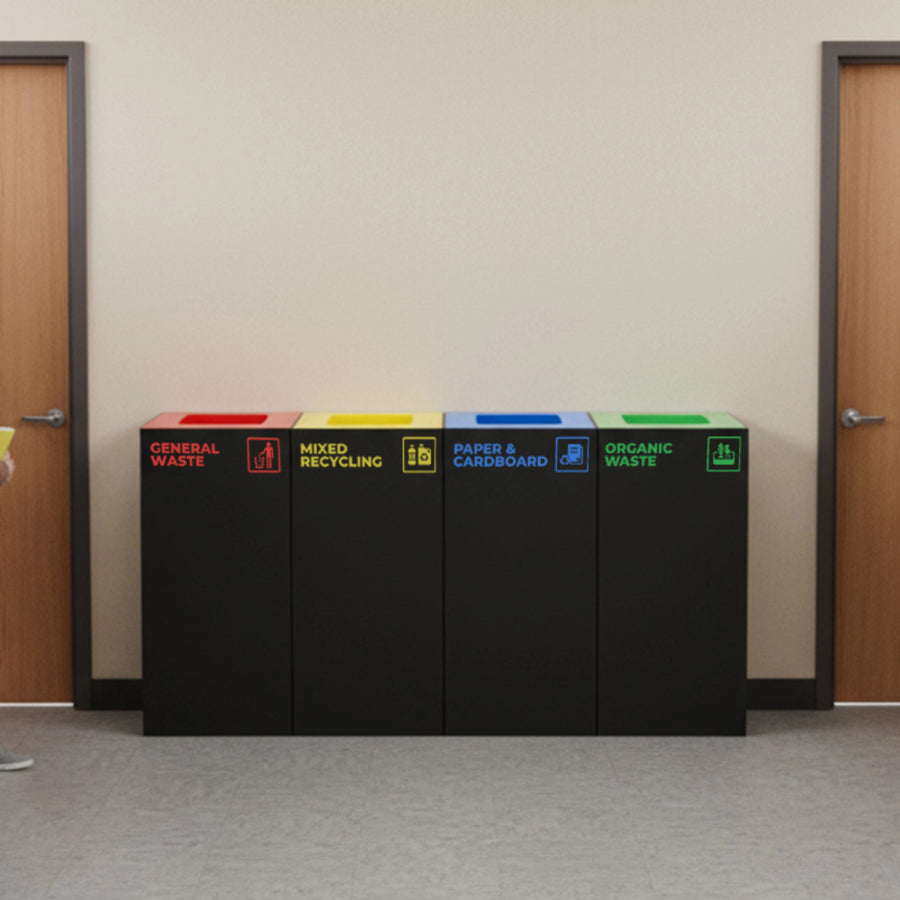 Waste Recycling Station Bin with Green Lid, 52L Matte Black Galvanised Steel Organic and Food Waste Bin for Offices and Cafes.